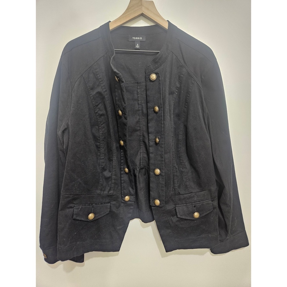 Torrid Womens Plus Size 3 Black Military Peplum Jacket Brass Button Cotton Twill